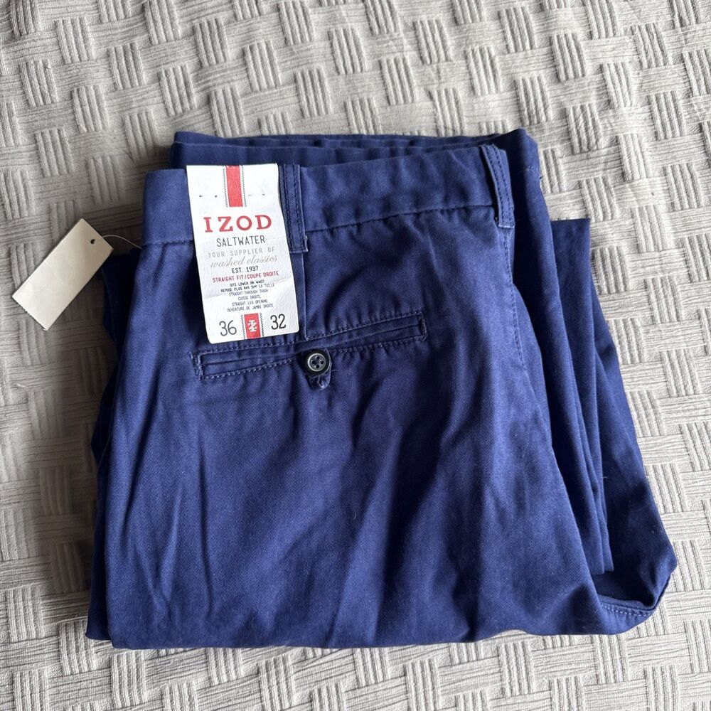 IZOD Saltwater Blue Straight Fit Cotton Twill Casual Pants Flat Front 36